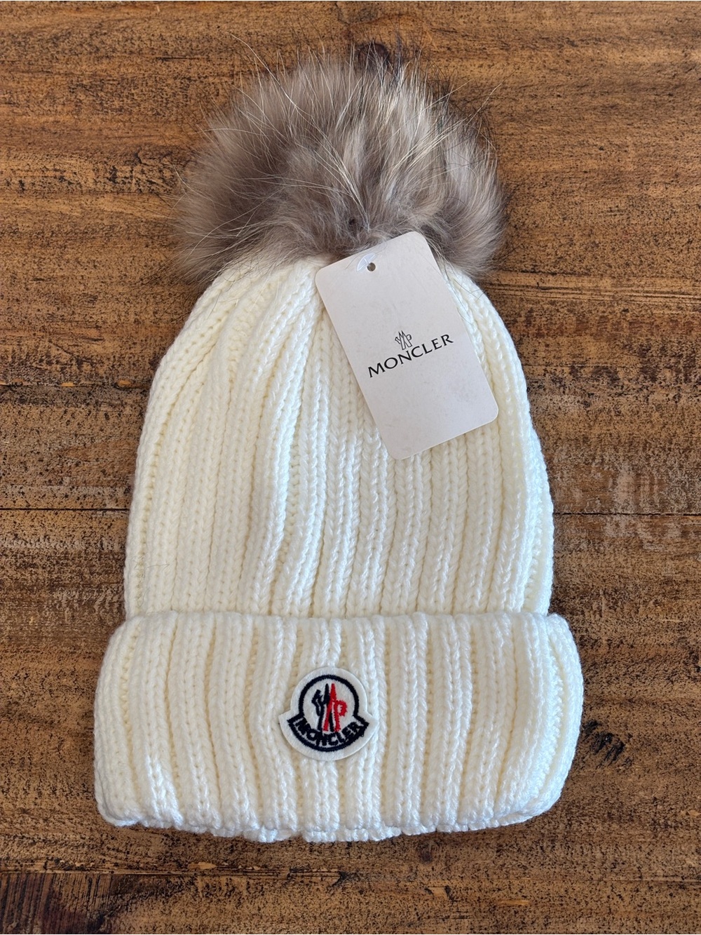 Moncler White Ribbed Knit Pom-Pom Beanie Hat Logo Patch Women's
